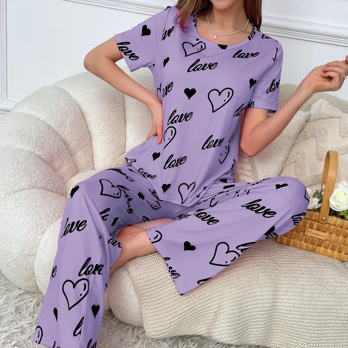 New Pajamas for Women Heart Print Purple Sleepwear Short Sleeves Long Pants Homewear