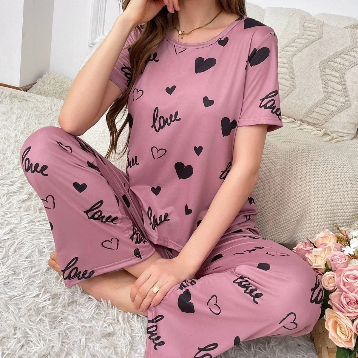 New Pajamas for Women Heart Print Purple Sleepwear Short Sleeves Long Pants Homewear