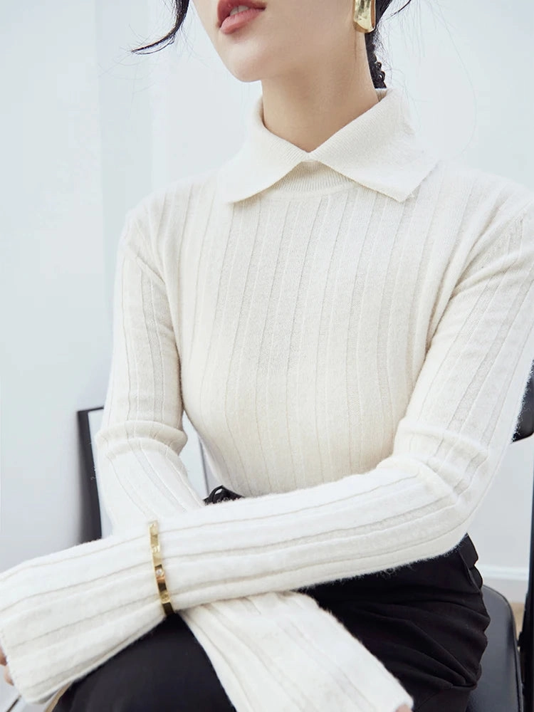 New Polo Collar Women's Knitted Sweater Long Sleeve Slim Fit