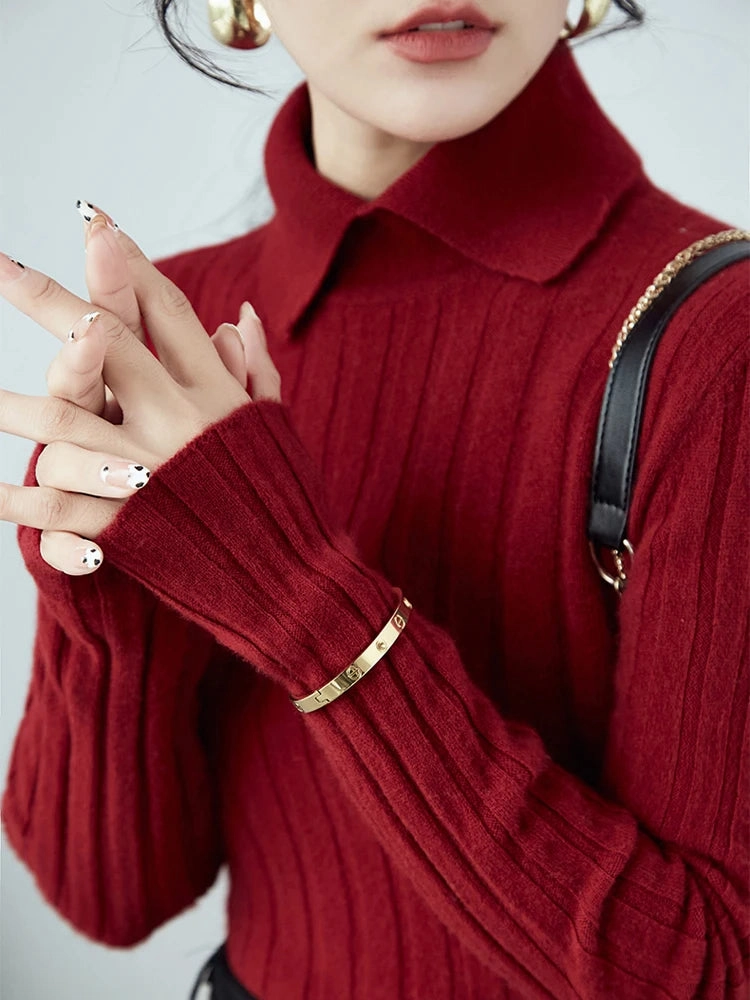 New Polo Collar Women's Knitted Sweater Long Sleeve Slim Fit