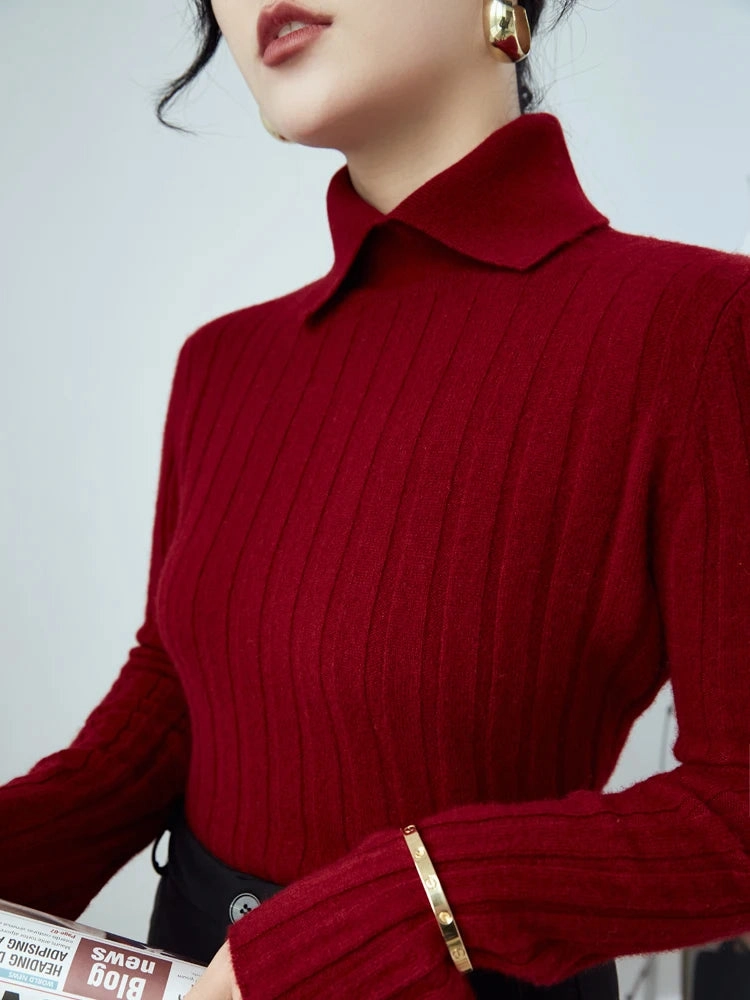 New Polo Collar Women's Knitted Sweater Long Sleeve Slim Fit