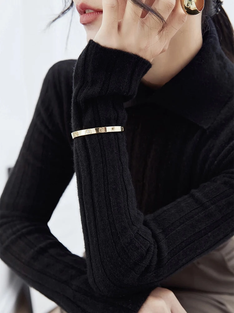 New Polo Collar Women's Knitted Sweater Long Sleeve Slim Fit