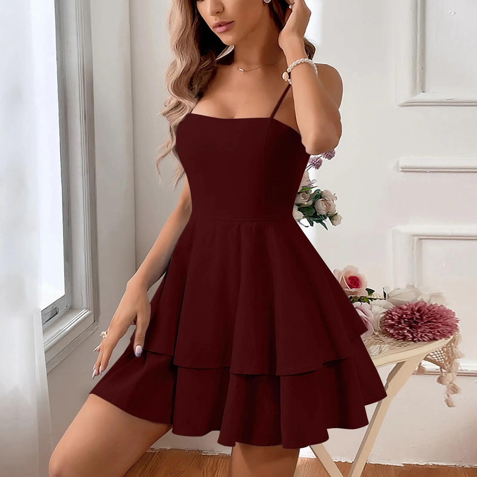 New Sexy Cake Dress Women'S Trendy Suspender Dress Elegant Double-Layer Skirt Party Dress for Evening Style
