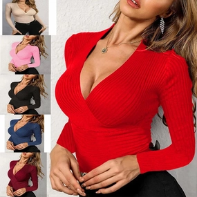 New Sexy Slim Solid V-neck Knitted Long-sleeved Top