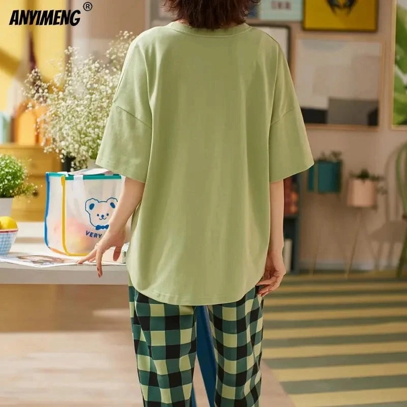 New Sleepwear Cartoon Cotton Pajamas for Women Long Pants Short Sleeve Loungewear Fashion Homewear Summer Comfort