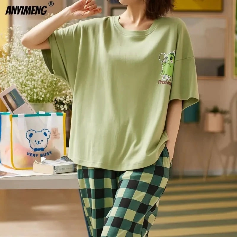 New Sleepwear Cartoon Cotton Pajamas for Women Long Pants Short Sleeve Loungewear Fashion Homewear Summer Comfort