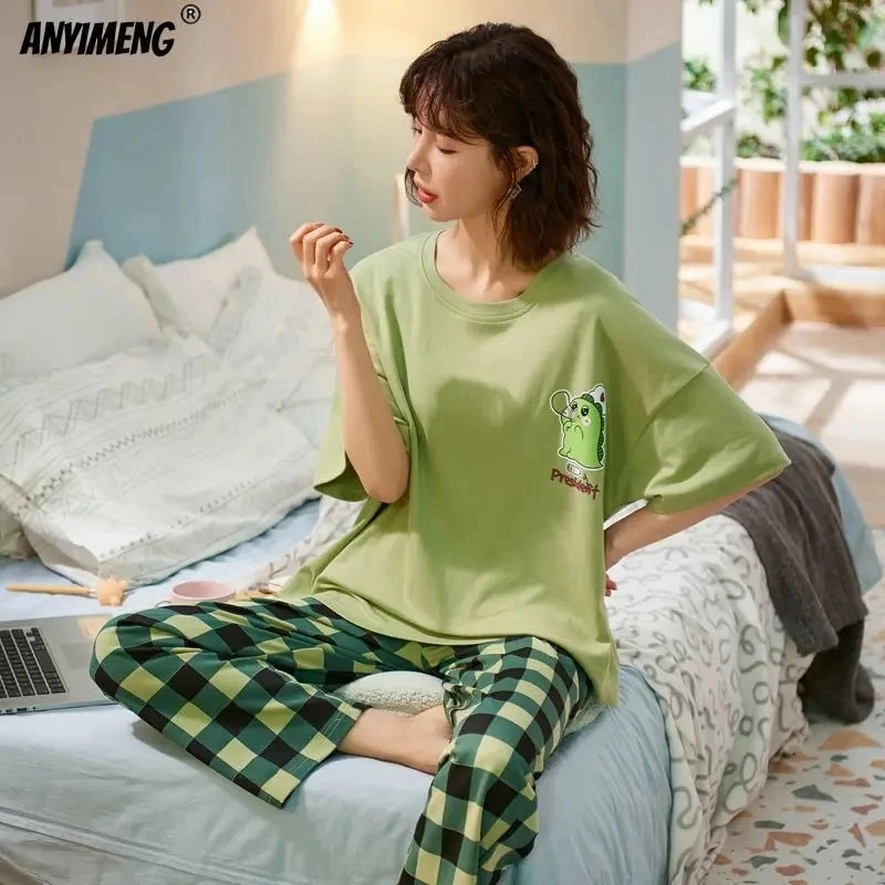 New Sleepwear Cartoon Cotton Pajamas for Women Long Pants Short Sleeve Loungewear Fashion Homewear Summer Comfort