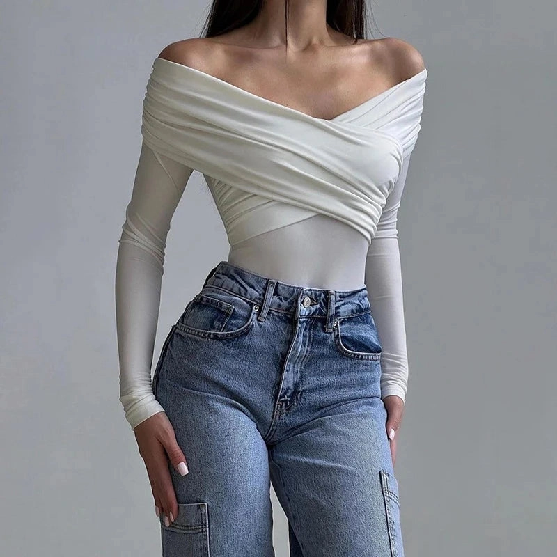 New Solid Sexy Off Shoulder Bodysuits Long Sleeve Rompers for Autumn Fashion Streetwear