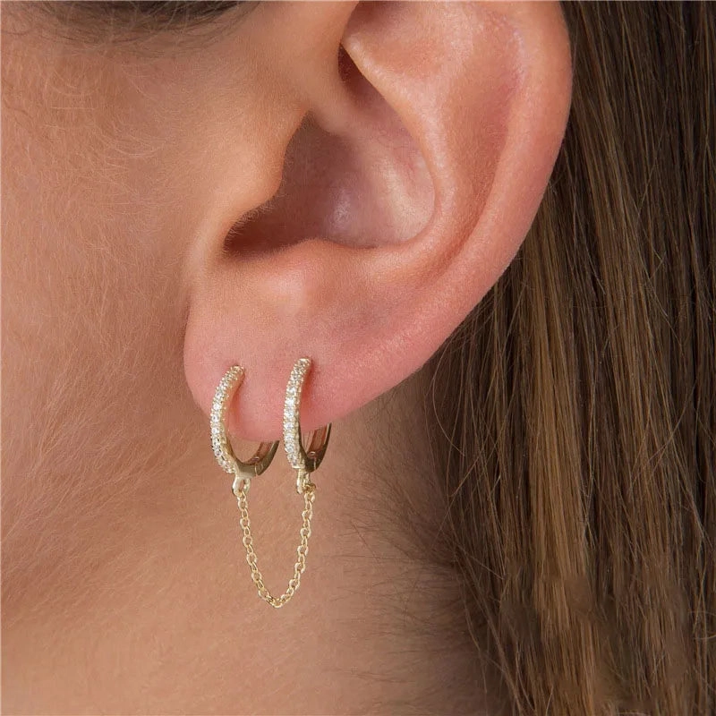 New Stainless Steel Link Chain Hoop Earrings with Zirconia