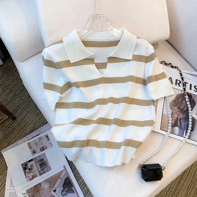 New Striped Pattern Collared Sweater Short Sleeve Knit Top
