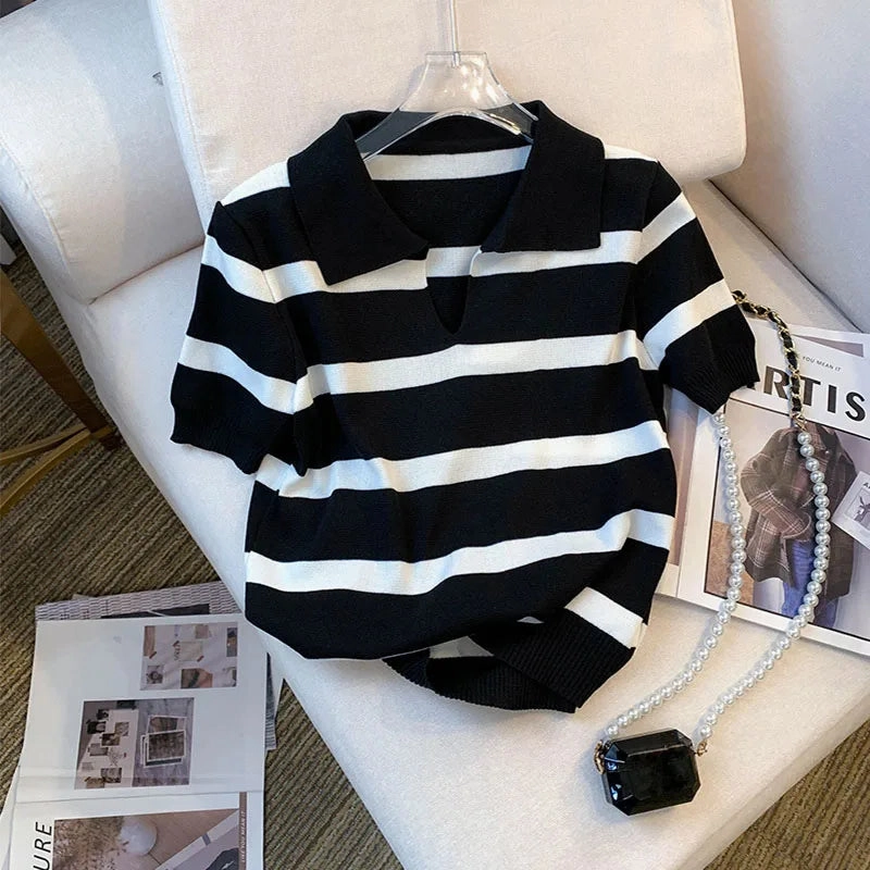 New Striped Pattern Collared Sweater Short Sleeve Knit Top