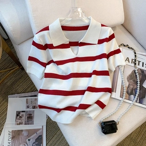 New Striped Pattern Collared Sweater Short Sleeve Knit Top