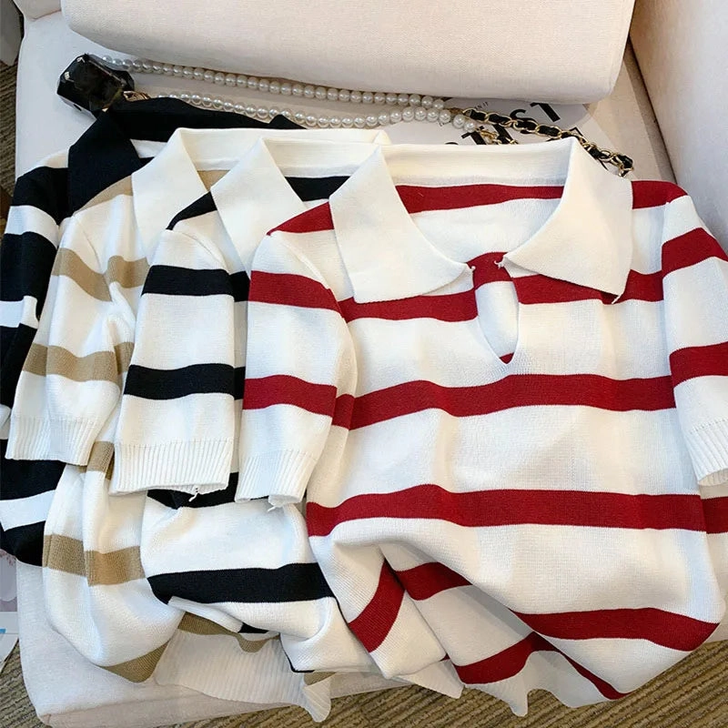 New Striped Pattern Collared Sweater Short Sleeve Knit Top