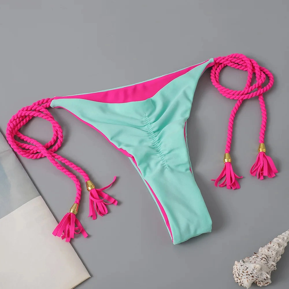 New Swimming Suit for Foreign Trade in Europe, America, Sexy Color Contrast Knitted Bikini High Waist Split Women's Swimmin