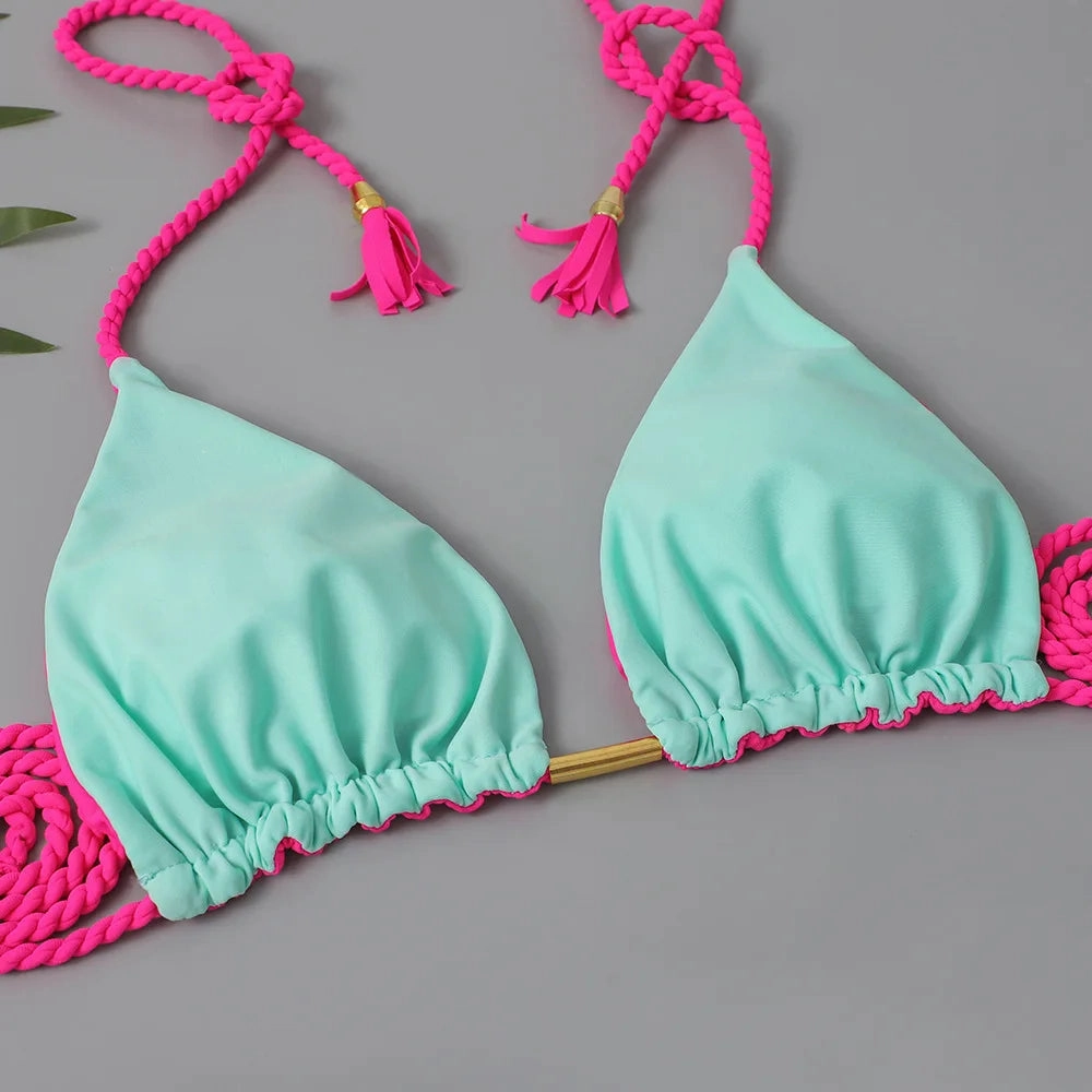 New Swimming Suit for Foreign Trade in Europe, America, Sexy Color Contrast Knitted Bikini High Waist Split Women's Swimmin
