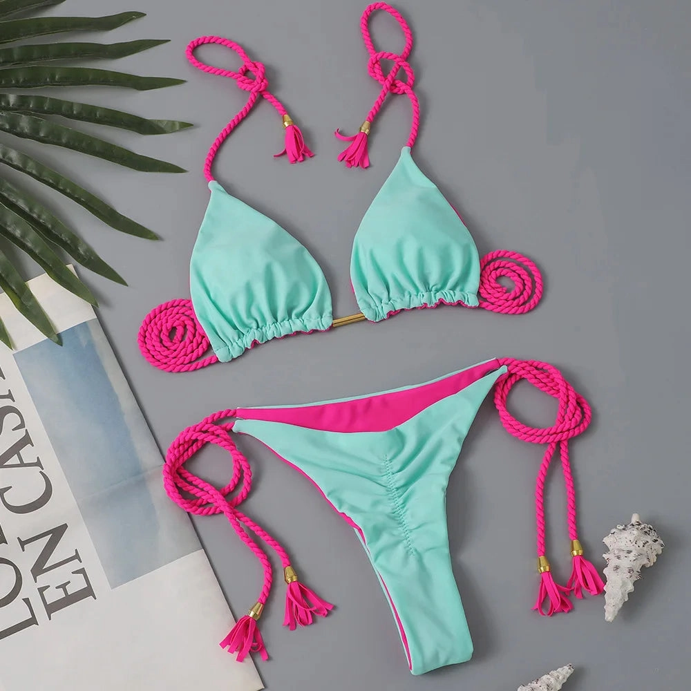 New Swimming Suit for Foreign Trade in Europe, America, Sexy Color Contrast Knitted Bikini High Waist Split Women's Swimmin