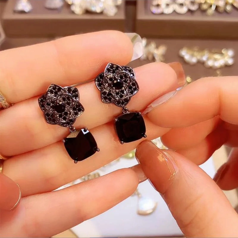 New Trendy Black Flowers Cubic Zirconia Earrings for Women