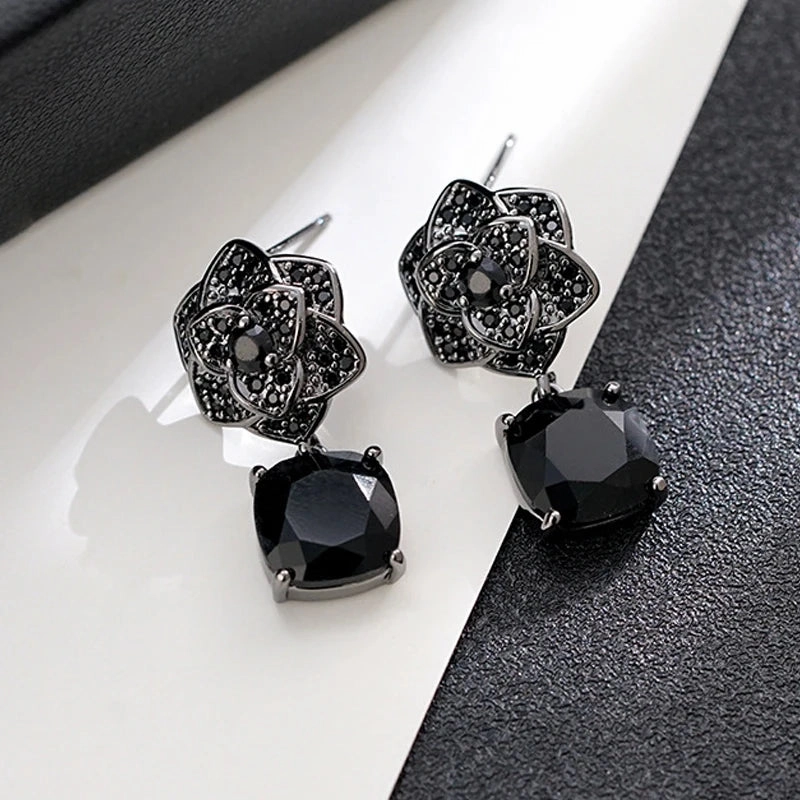 New Trendy Black Flowers Cubic Zirconia Earrings for Women