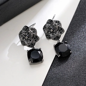 New Trendy Black Flowers Cubic Zirconia Earrings for Women