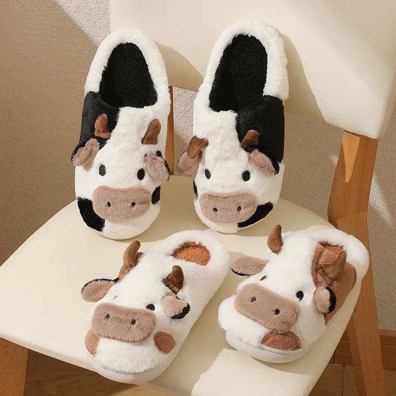 New Winter Unisex Cartoon Cow Warm Plush Slippers Couple's Indoor Non-slip House Mule Men And Women Toe Wrap Home Cotton Shoes