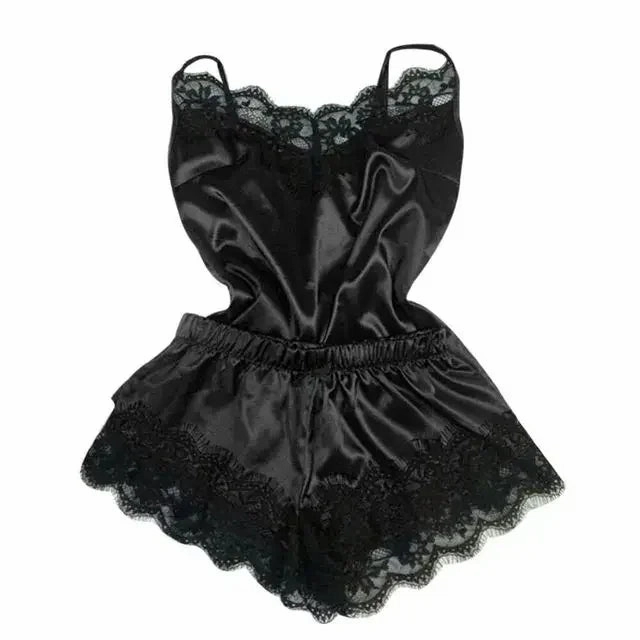 New Women's Silk Sexy Pajama Set Black Lace V-Neck Top Shorts