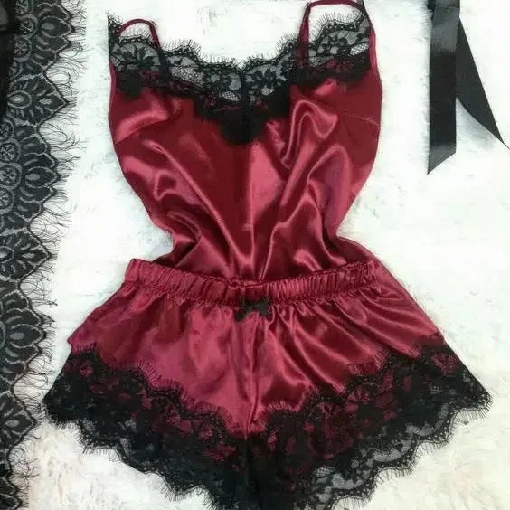 New Women's Silk Sexy Pajama Set Black Lace V-Neck Top Shorts