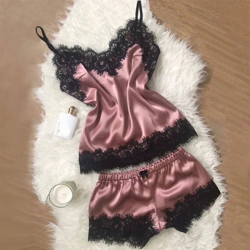 New Women's Silk Sexy Pajama Set Black Lace V-Neck Top Shorts