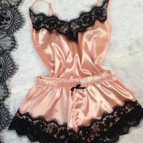 New Women's Silk Sexy Pajama Set Black Lace V-Neck Top Shorts