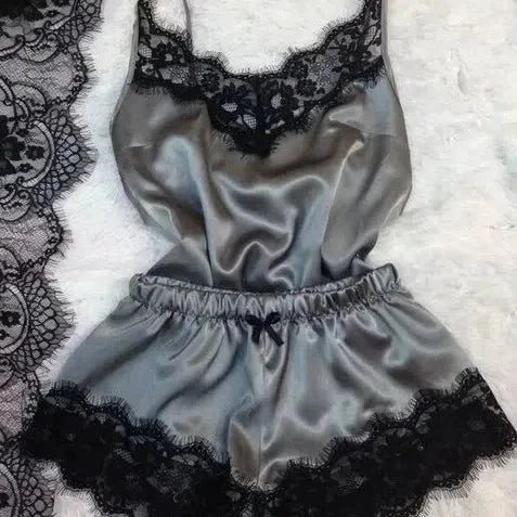 New Women's Silk Sexy Pajama Set Black Lace V-Neck Top Shorts