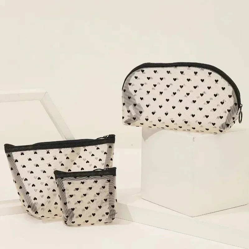Nylon Mesh Cosmetic Bag Zipper Heart Shaped Toiletry Organizer