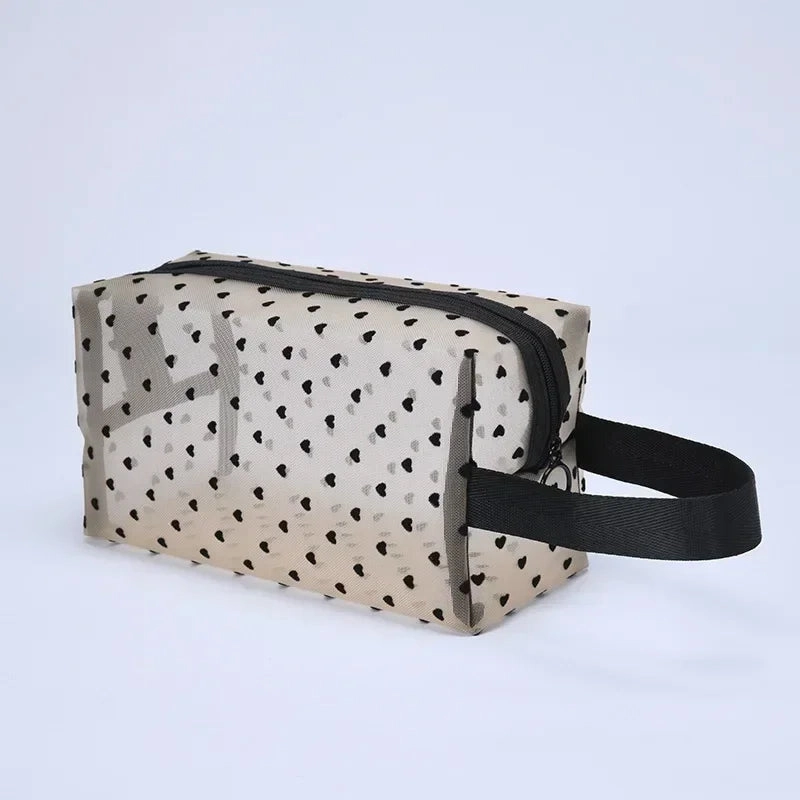 Nylon Mesh Cosmetic Bag Zipper Heart Shaped Toiletry Organizer