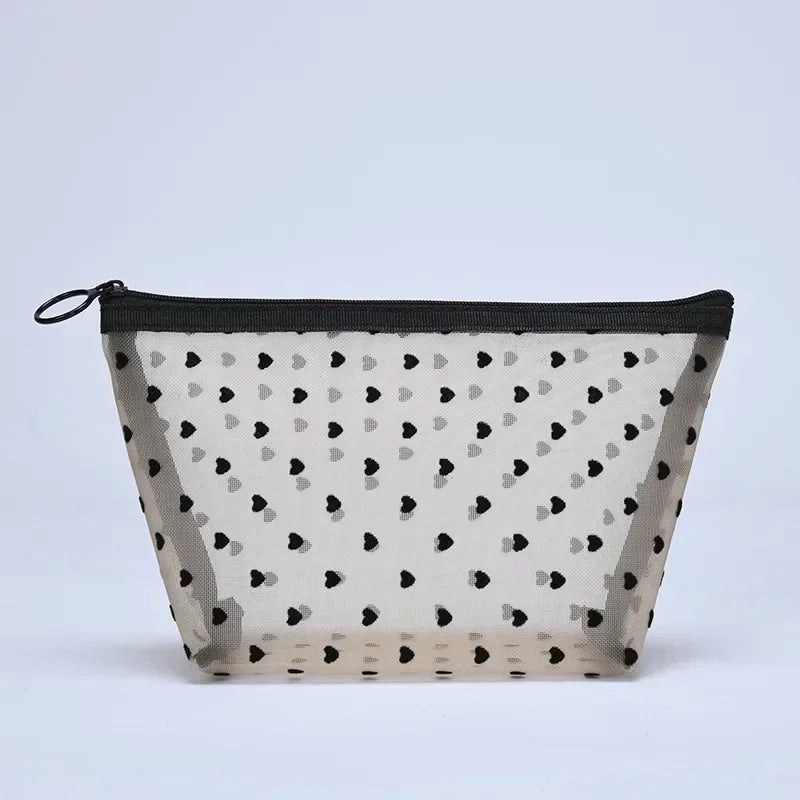 Nylon Mesh Cosmetic Bag Zipper Heart Shaped Toiletry Organizer