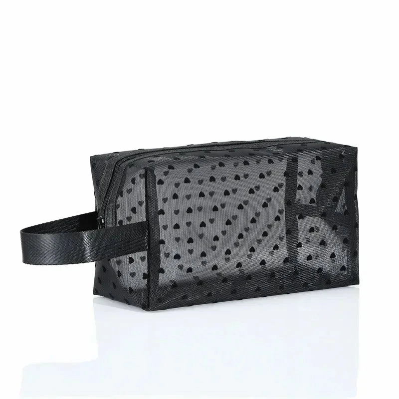 Nylon Mesh Cosmetic Bag Zipper Heart Shaped Toiletry Organizer