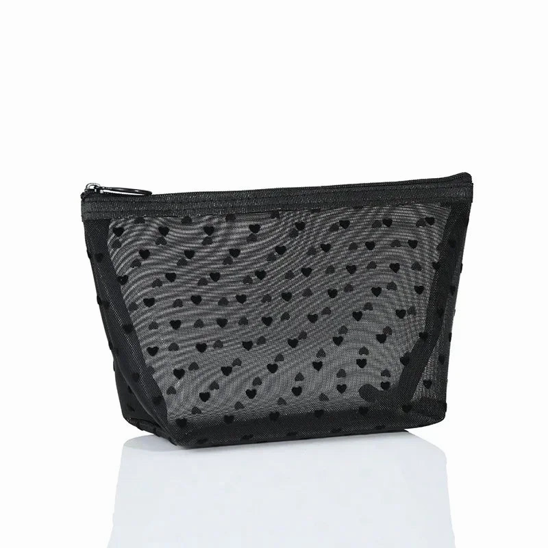 Nylon Mesh Cosmetic Bag Zipper Heart Shaped Toiletry Organizer