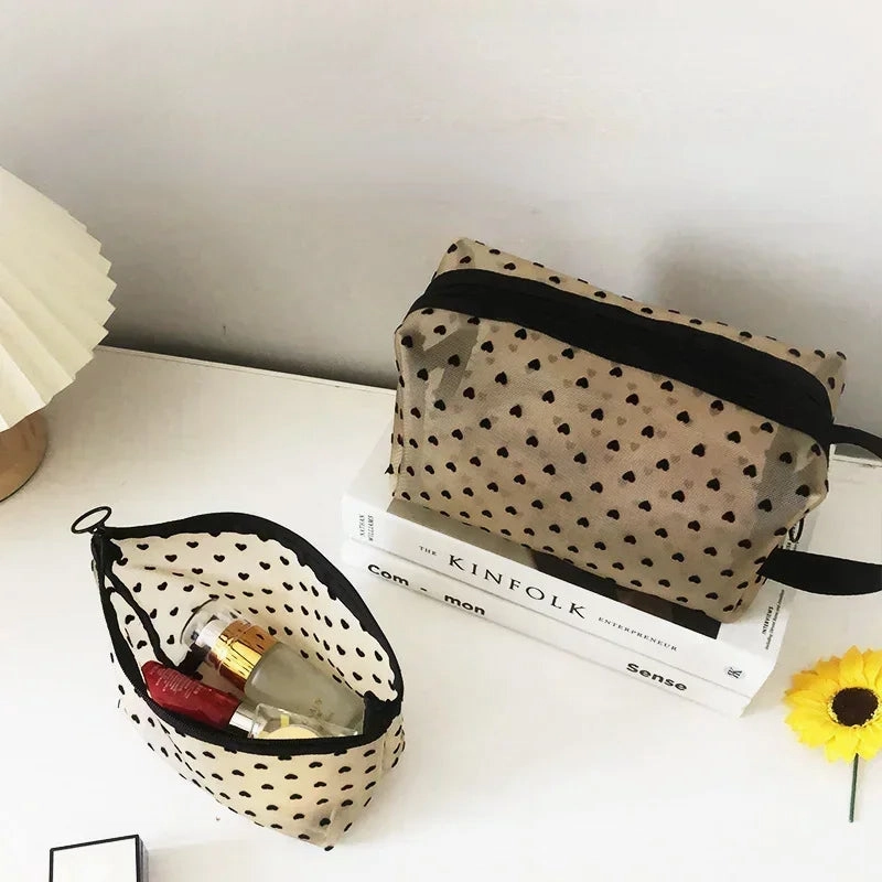 Nylon Mesh Cosmetic Bag Zipper Heart Shaped Toiletry Organizer