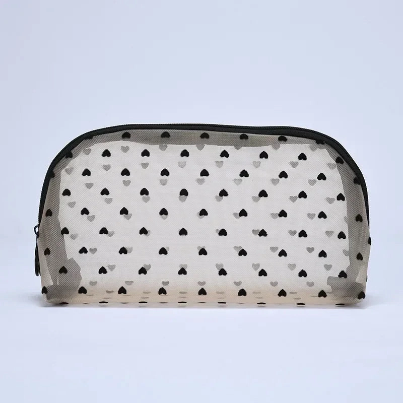 Nylon Mesh Cosmetic Bag Zipper Heart Shaped Toiletry Organizer