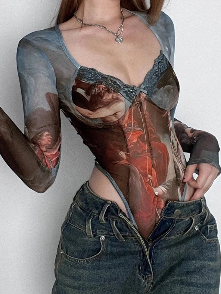 One Piece Casual Vintage Clash Colours Bodysuit Long Sleeve Sexy Streetwear Y2k Fashion