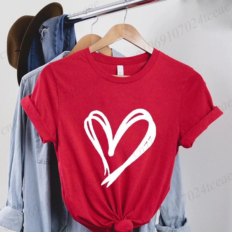 Oversized Brushstroke Heart Tee for Women - Casual Harajuku Style Short Sleeve Graphic T-Shirt for Valentine's Day and Everyday Streetwear