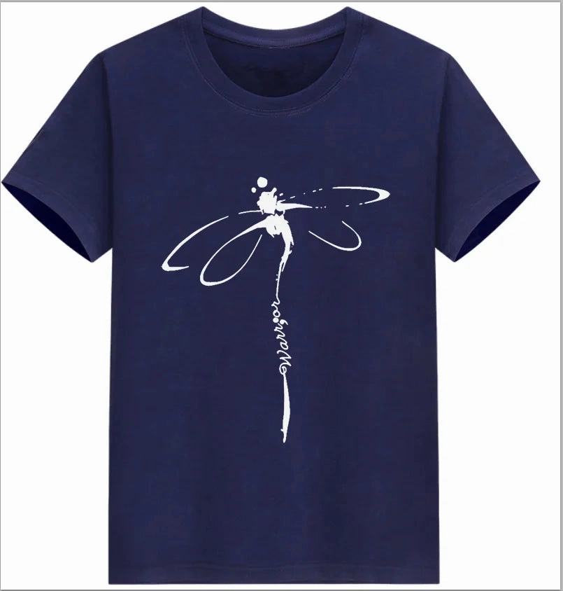 Oversized Dragonfly Print Casual Women's T-Shirt - Short Sleeve O-Neck Tee for Spring/Summer Style