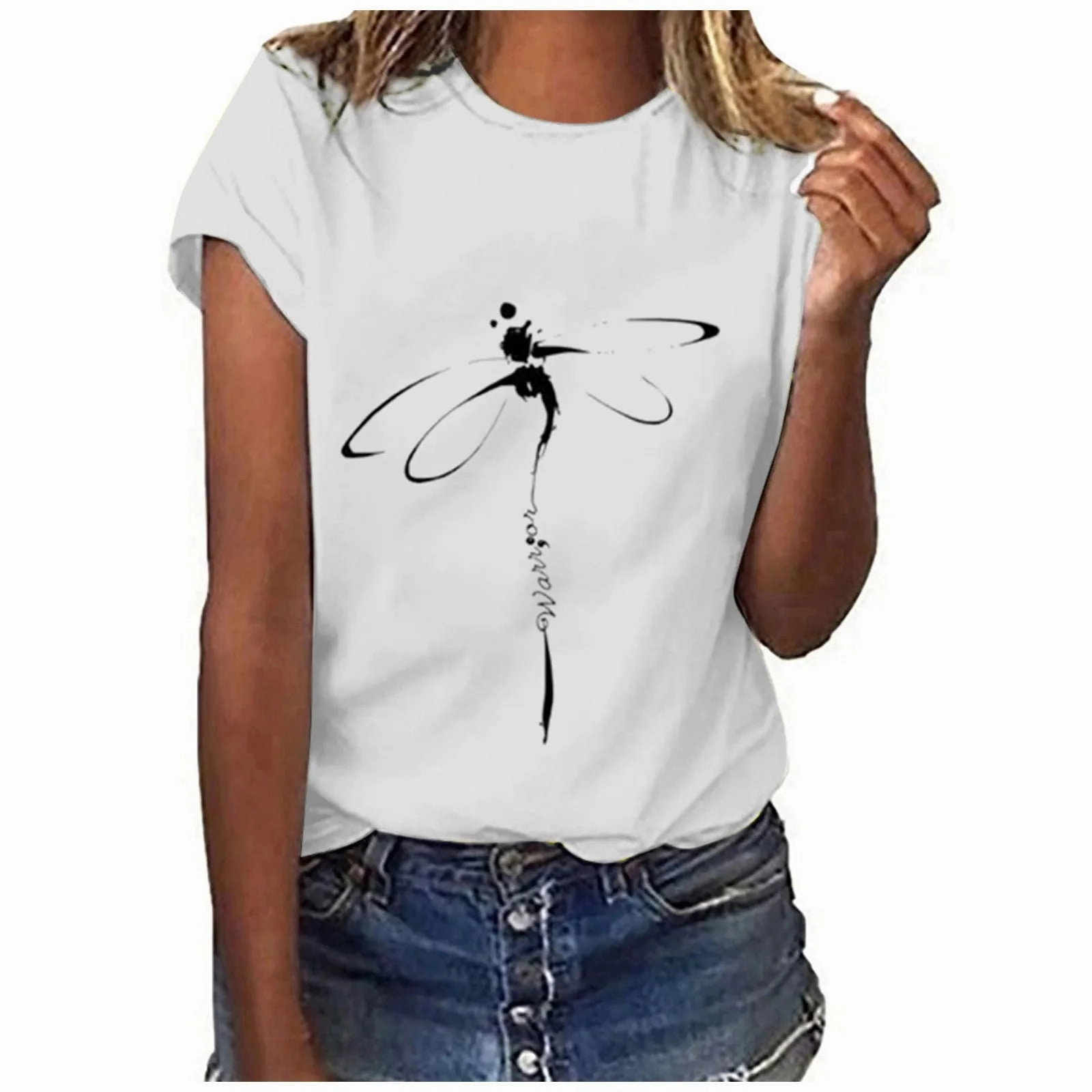 Oversized Dragonfly Print Casual Women's T-Shirt - Short Sleeve O-Neck Tee for Spring/Summer Style