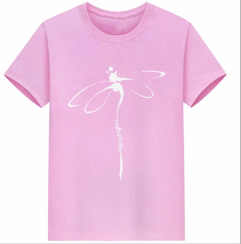Oversized Dragonfly Print Casual Women's T-Shirt - Short Sleeve O-Neck Tee for Spring/Summer Style