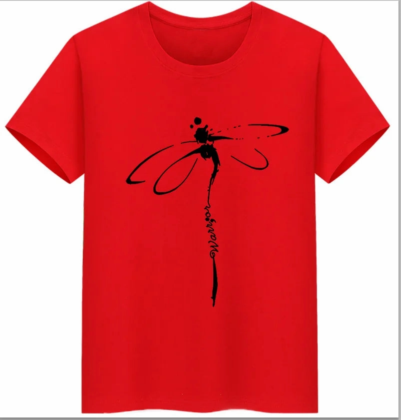 Oversized Dragonfly Print Casual Women's T-Shirt - Short Sleeve O-Neck Tee for Spring/Summer Style