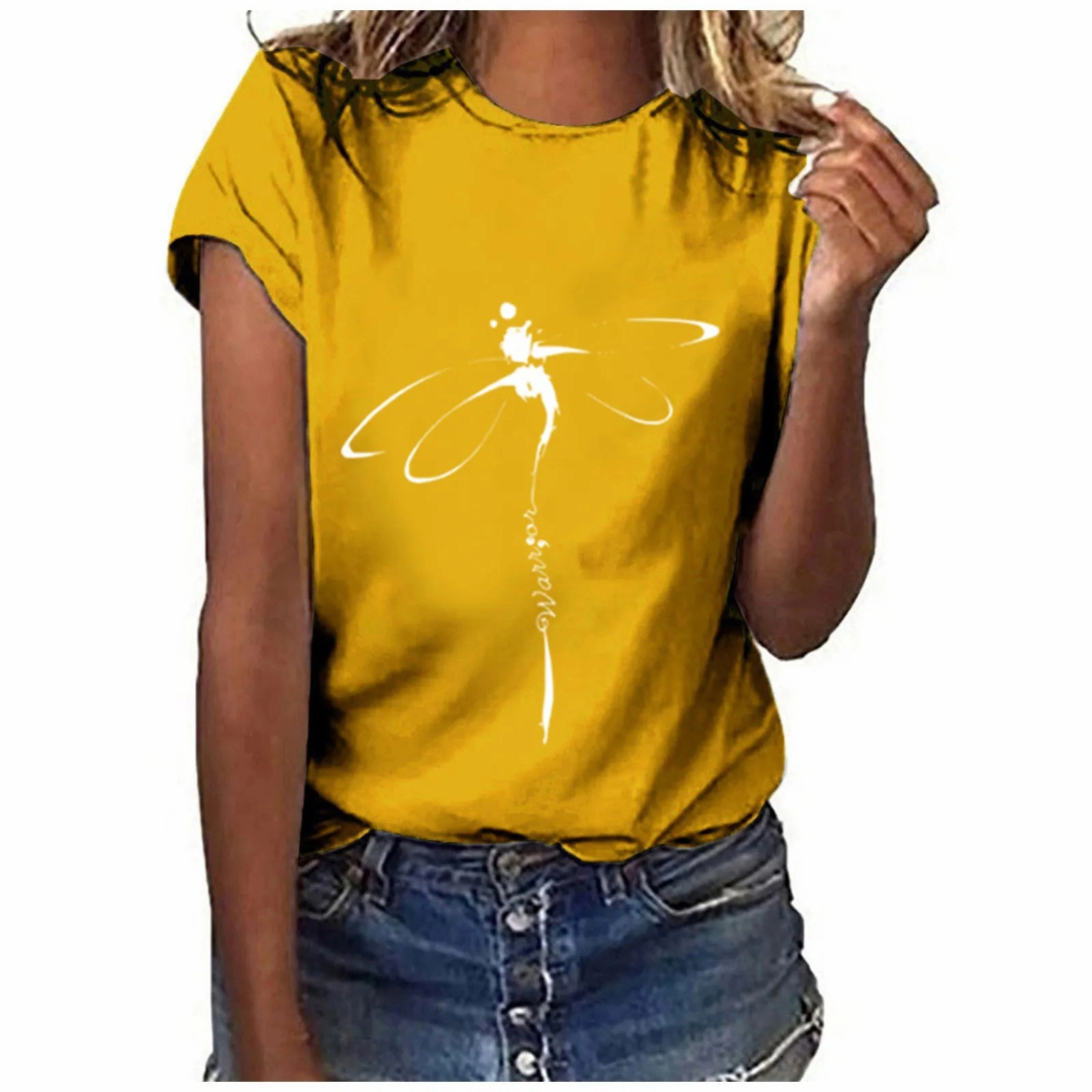 Oversized Dragonfly Print Casual Women's T-Shirt - Short Sleeve O-Neck Tee for Spring/Summer Style