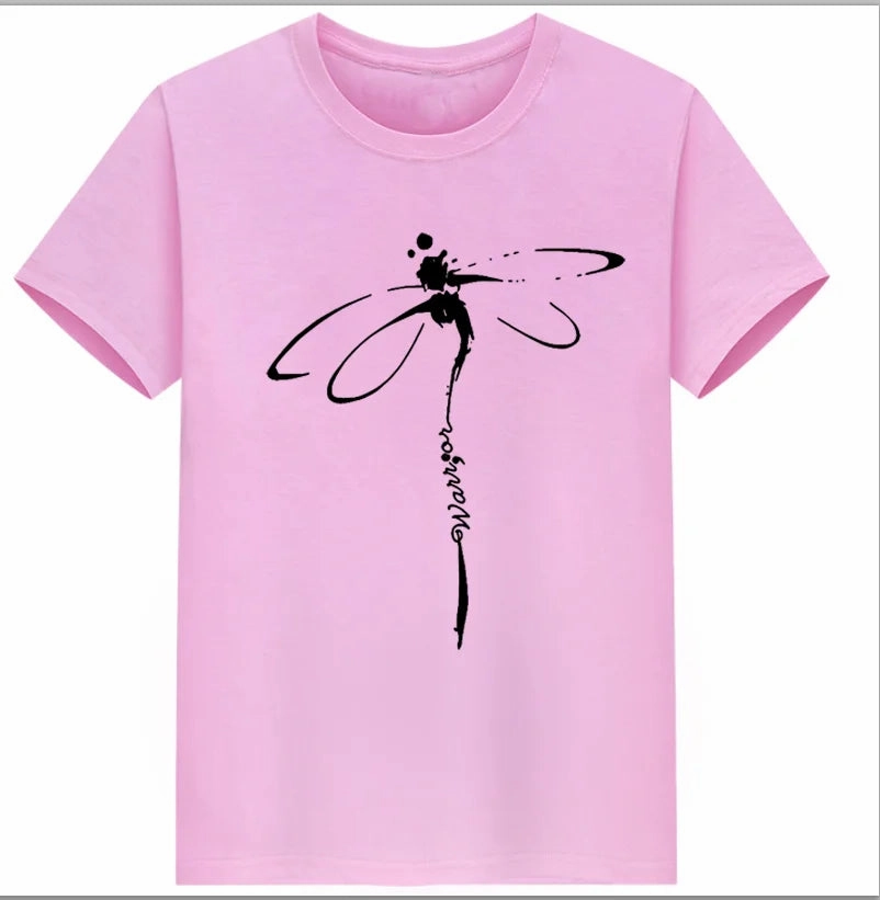 Oversized Dragonfly Print Casual Women's T-Shirt - Short Sleeve O-Neck Tee for Spring/Summer Style