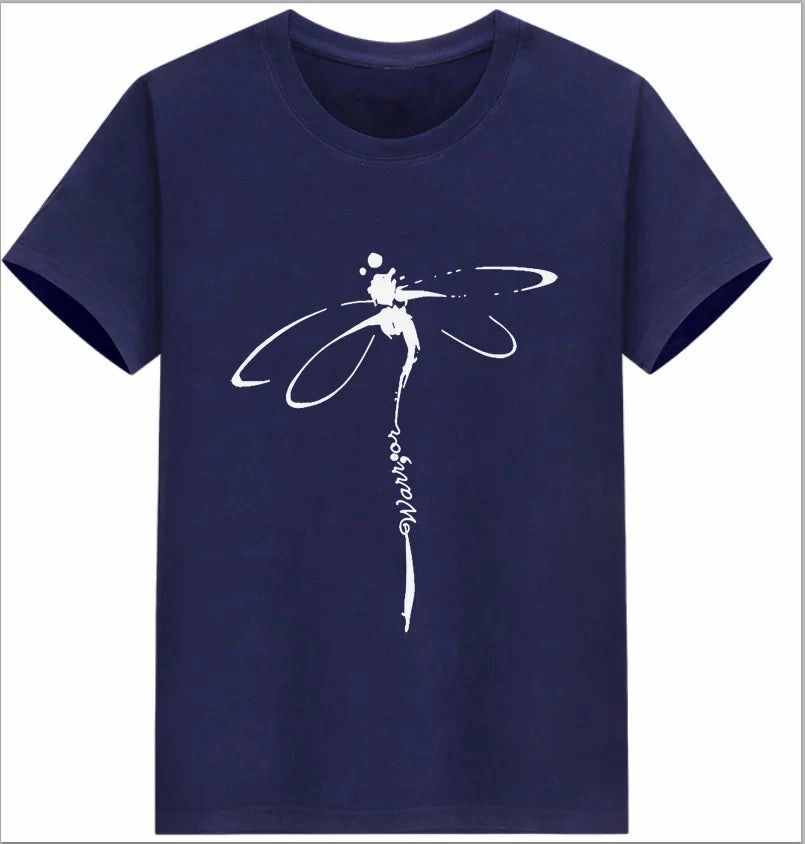 Oversized Dragonfly Print Casual Women's T-Shirt - Short Sleeve O-Neck Tee for Spring/Summer Style