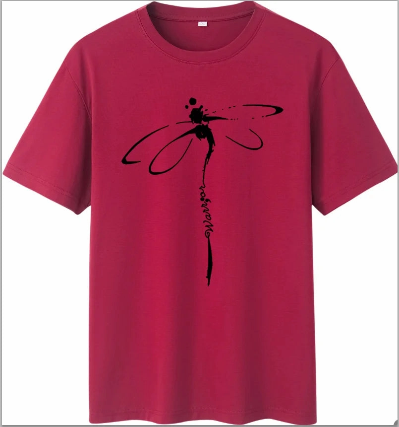 Oversized Dragonfly Print Casual Women's T-Shirt - Short Sleeve O-Neck Tee for Spring/Summer Style