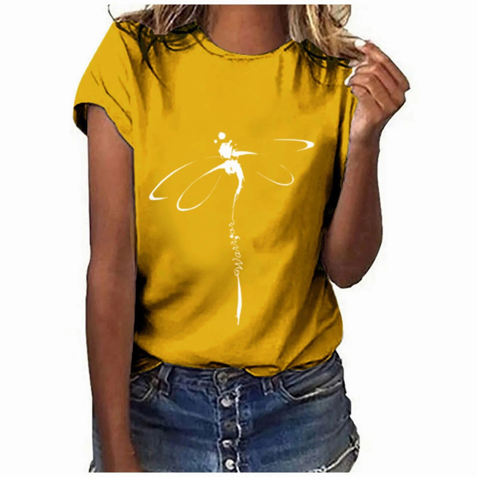 Oversized Dragonfly Print Casual Women's T-Shirt - Short Sleeve O-Neck Tee for Spring/Summer Style