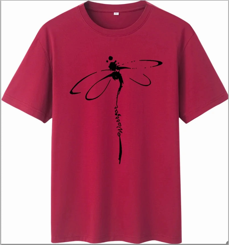 Oversized Dragonfly Print Casual Women's T-Shirt - Short Sleeve O-Neck Tee for Spring/Summer Style