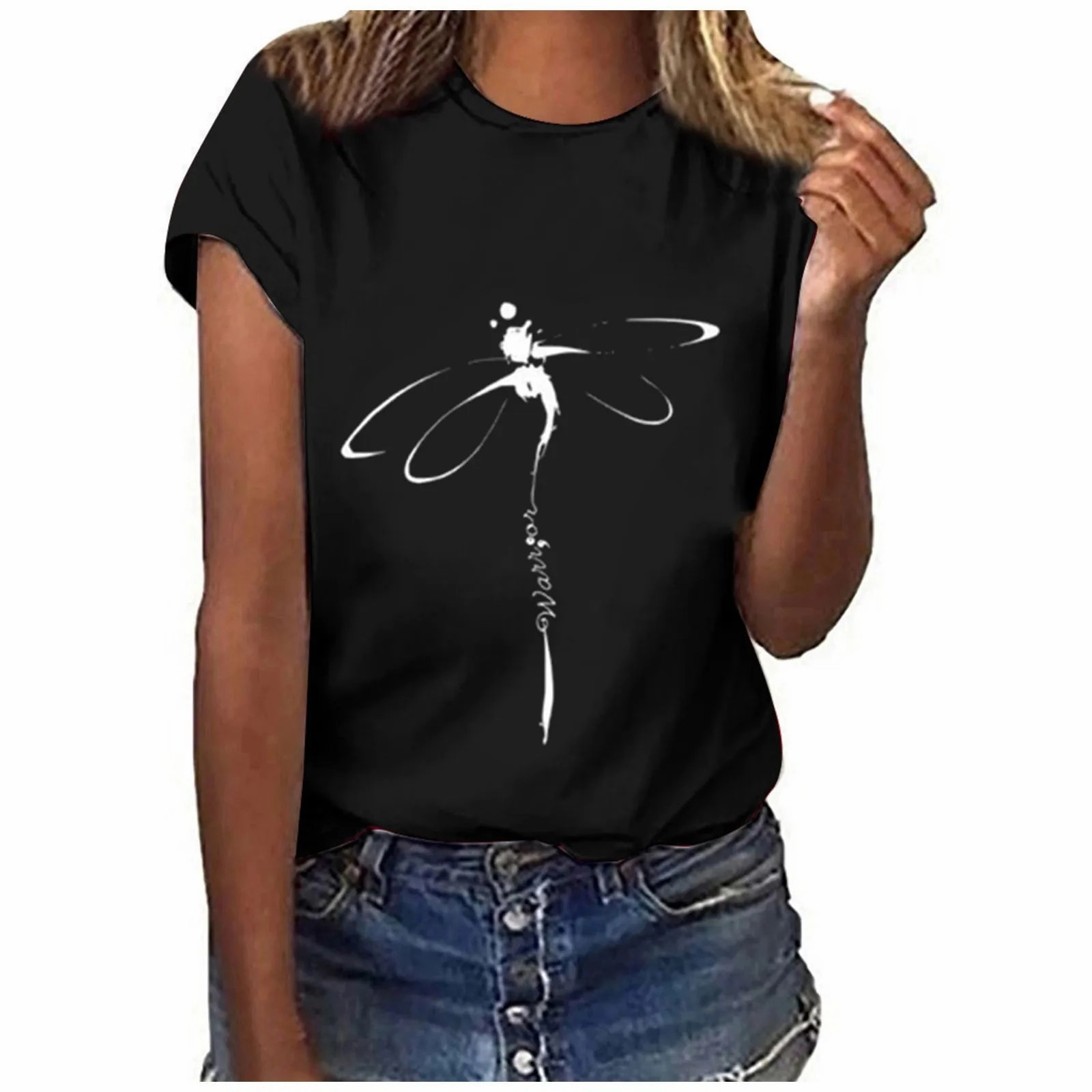 Oversized Dragonfly Print Casual Women's T-Shirt - Short Sleeve O-Neck Tee for Spring/Summer Style