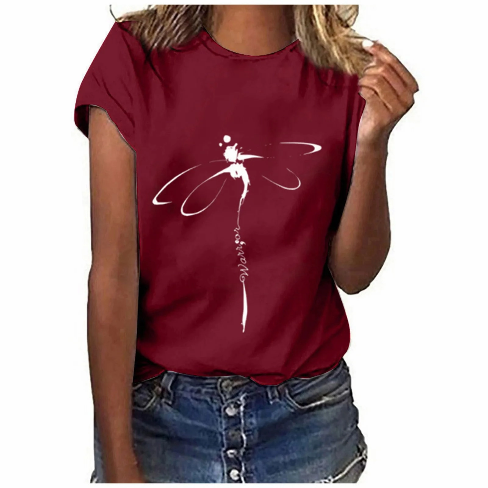 Oversized Dragonfly Print Casual Women's T-Shirt - Short Sleeve O-Neck Tee for Spring/Summer Style